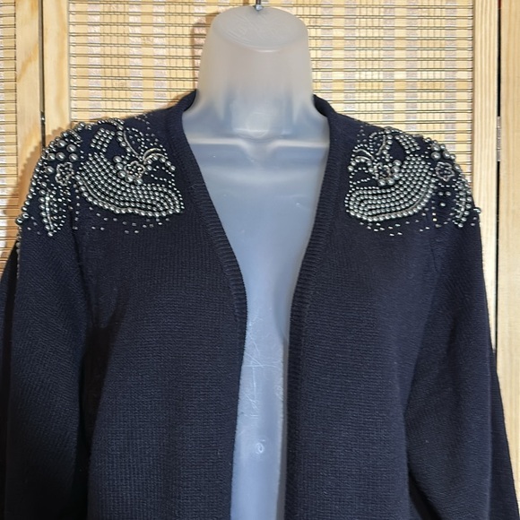 Darian Vintage 1990s Black Open Front Cardigan Sweater Silver Beading Medium - Picture 6 of 16
